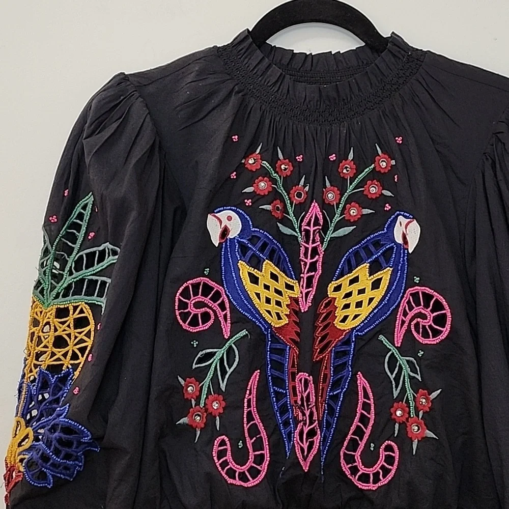 FarmRio Embroidered Puffsleeve  Black Dress Colorful Parrot Design Romantic Sz M - Picture 8 of 16